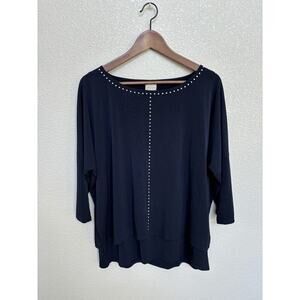 Chico's navy blue layered blouse 2/medium 3/4 sleeve relaxed studded date career